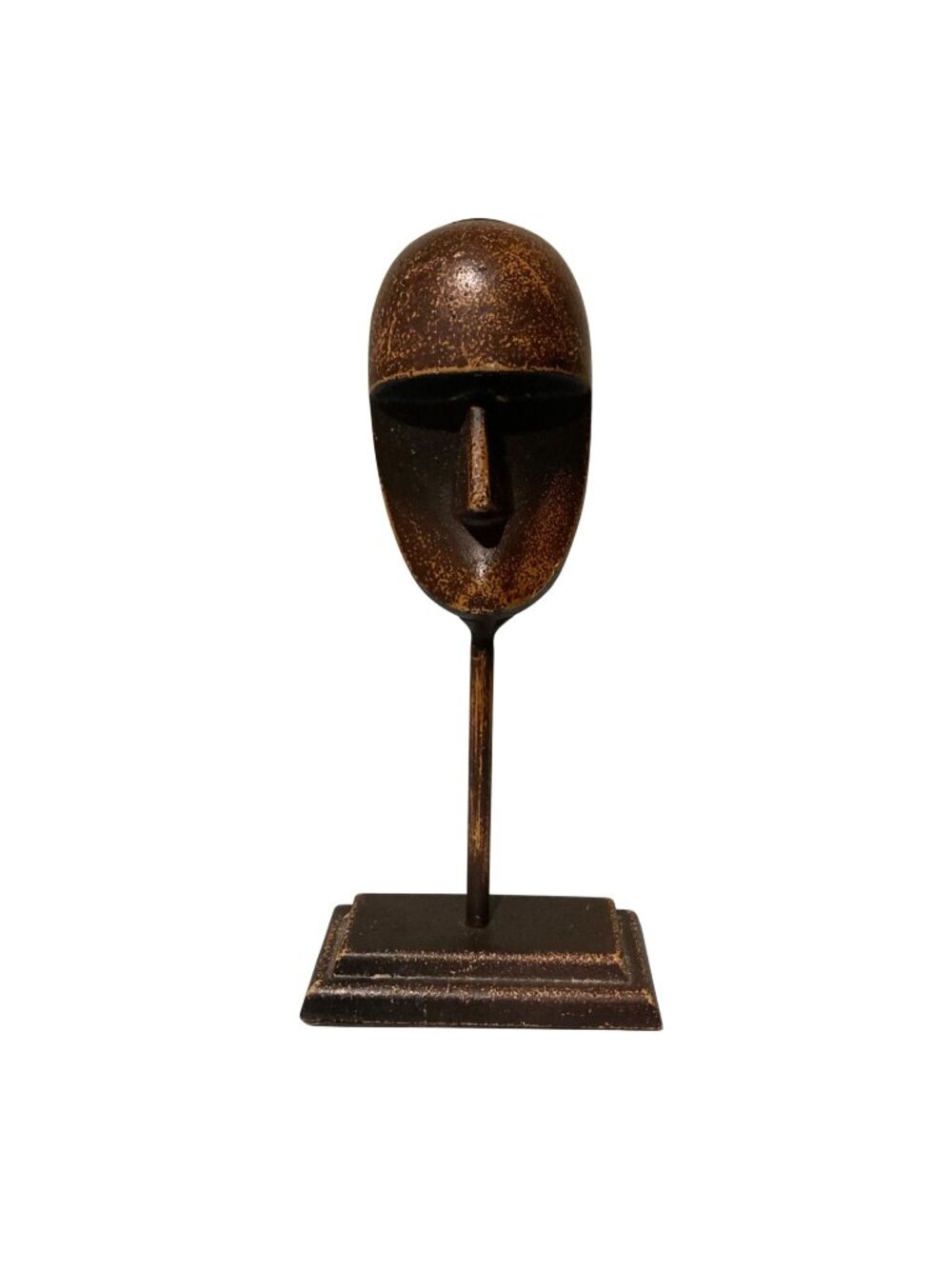Metal Face Sculpture On Stand Brown Distressed Finish Minimalist Decor